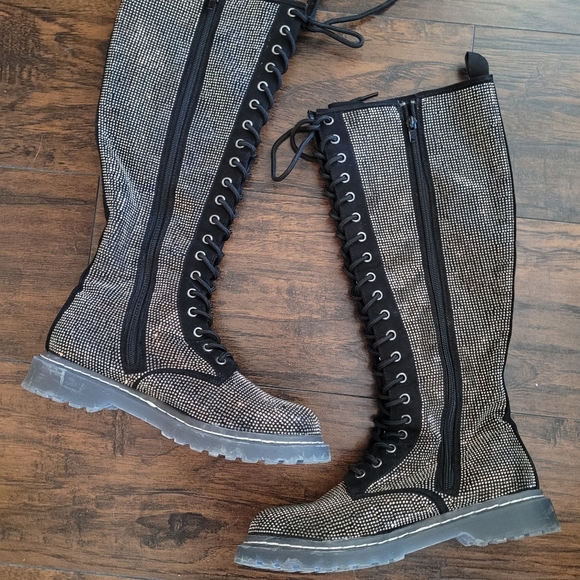 Rhinestone & Black Bling knee high combat boots - Picture 2 of 5